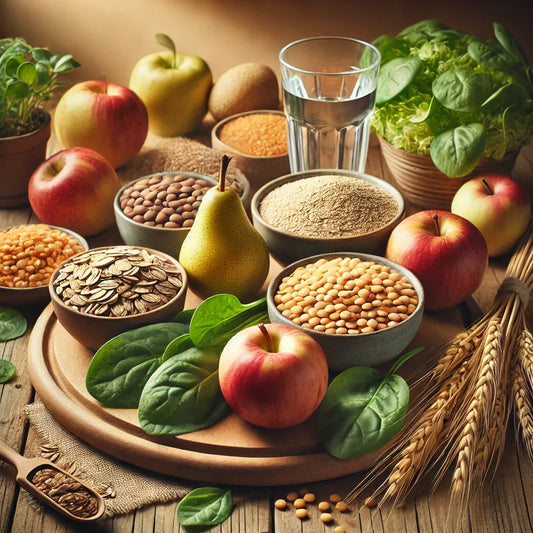 Comida saludable rica en fibra dispuesta sobre una mesa de madera, incluyendo frutas frescas, verduras de hoja verde, cereales integrales, legumbres y un vaso de agua, resaltando sus beneficios para el control de peso.