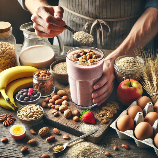 Persona preparando un batido con alimentos ricos en tiamina como frutos secos y cereales integrales.
