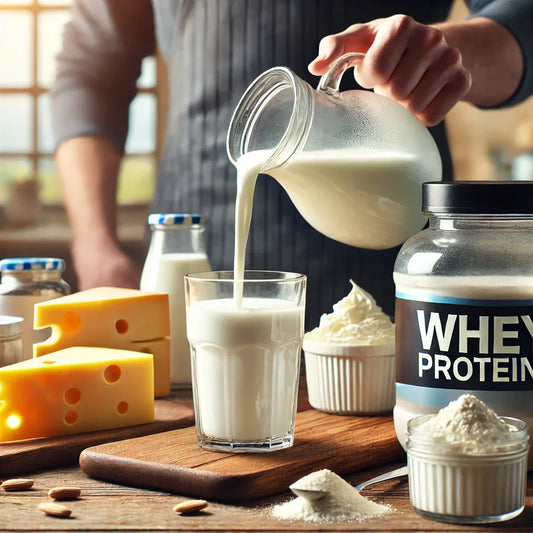 Representación visual de productos lácteos y suero de leche en un contexto realista