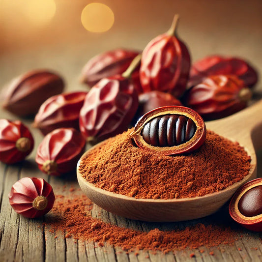 Semillas de guaraná de color marrón rojizo y polvo de guaraná en una cuchara de madera sobre una superficie rústica, destacando sus beneficios energéticos y antioxidantes.