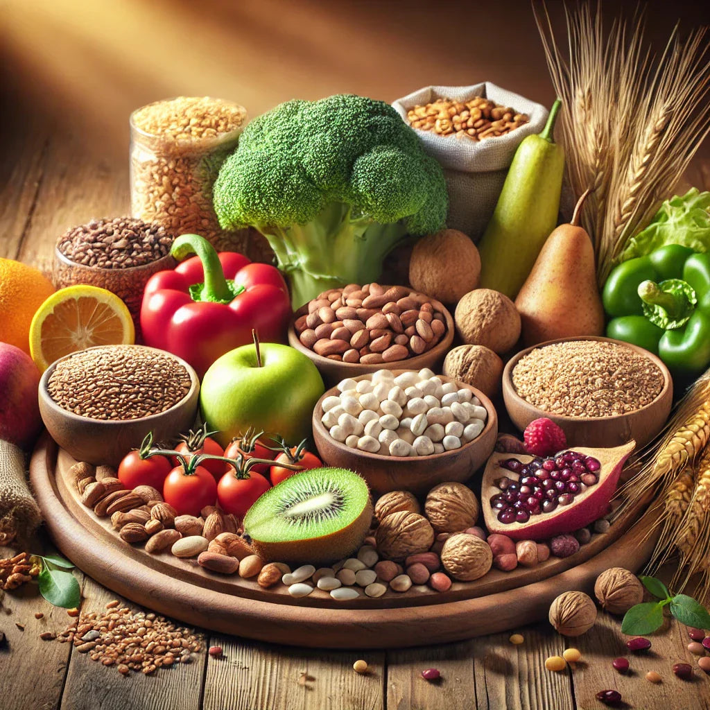 Alimentos ricos en fibra dispuestos sobre una mesa de madera, incluyendo cereales integrales, legumbres, frutas frescas, verduras y frutos secos, resaltando su importancia para la salud digestiva.