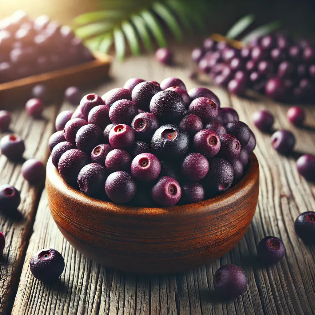 Bayas frescas de açaí sobre un fondo natural