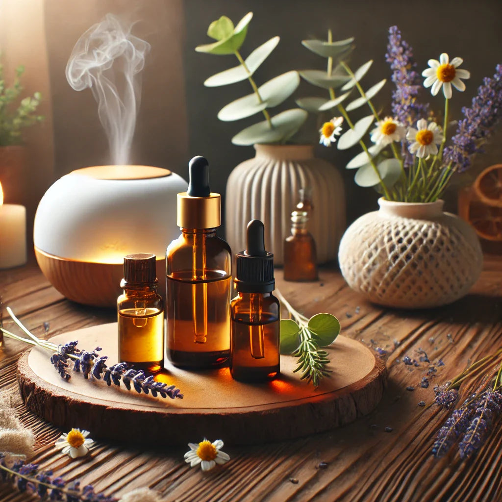 Botellas de aceites esenciales en una mesa de madera con un difusor emitiendo niebla en el fondo, rodeadas de lavanda, hojas de eucalipto y flores de manzanilla, resaltando sus beneficios relajantes y equilibrantes para el estado de ánimo.