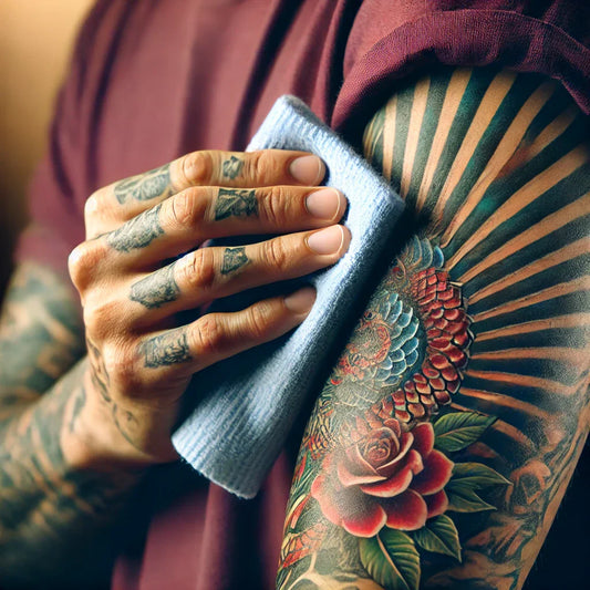 Brazo recién tatuado siendo limpiado suavemente con un paño, con la piel ligeramente enrojecida y en proceso de cicatrización, resaltando la importancia del cuidado e higiene del tatuaje.