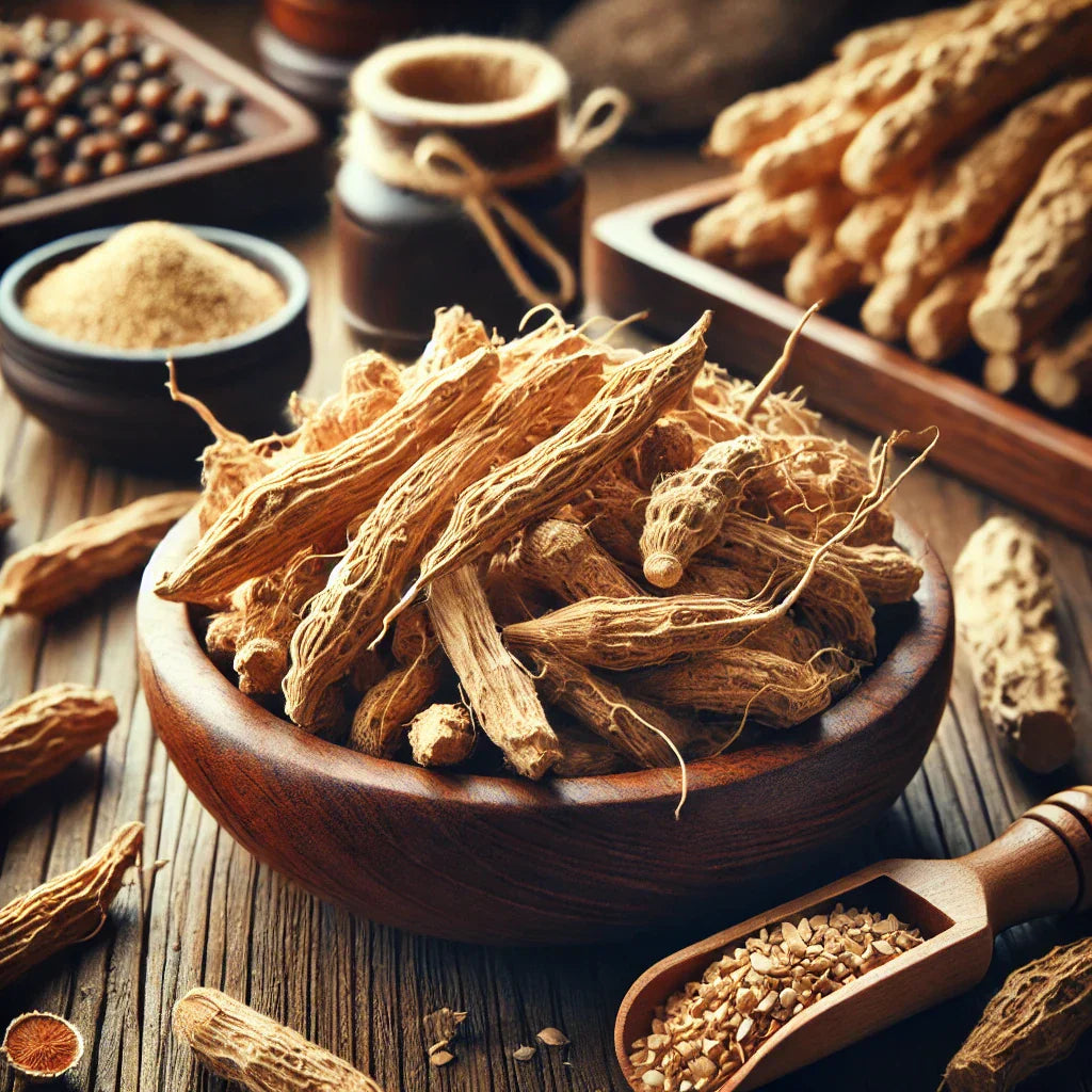 Fotografía de raíces secas de ashwagandha en un cuenco de madera, destacando sus propiedades medicinales.