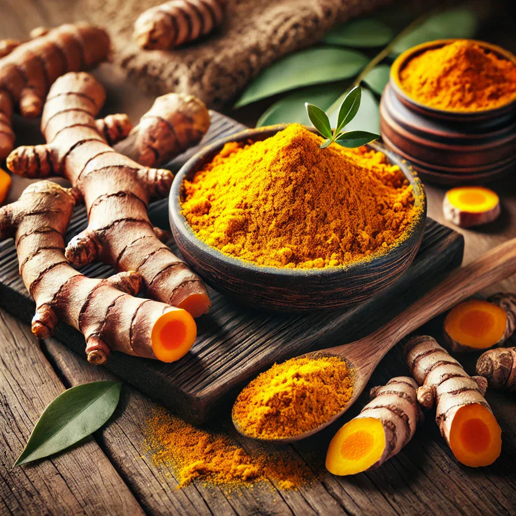 Fotografía profesional de cúrcuma fresca y en polvo, destacando su color vibrante y textura natural sobre mesa de madera.