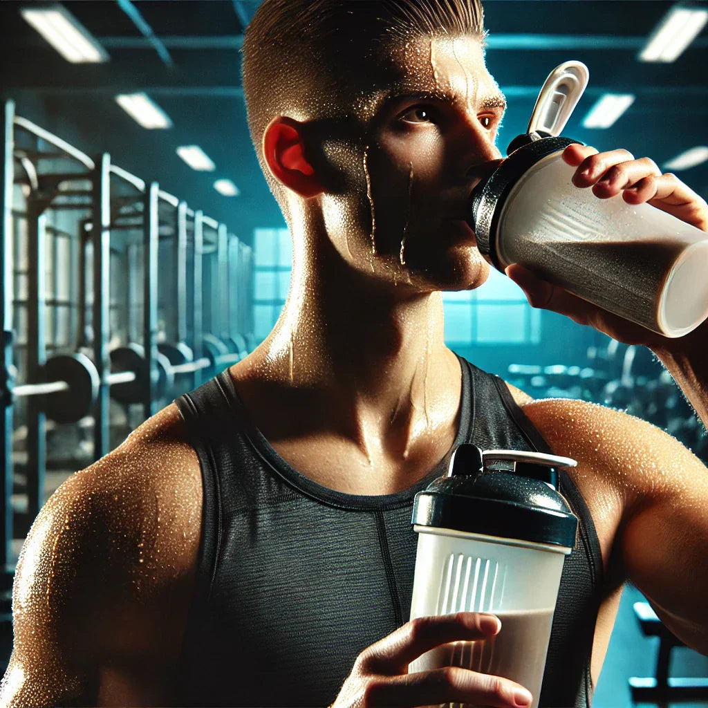 Fotografía profesional de un atleta hidratándose después de un entrenamiento, resaltando la importancia de la glutamina en la recuperación muscular.