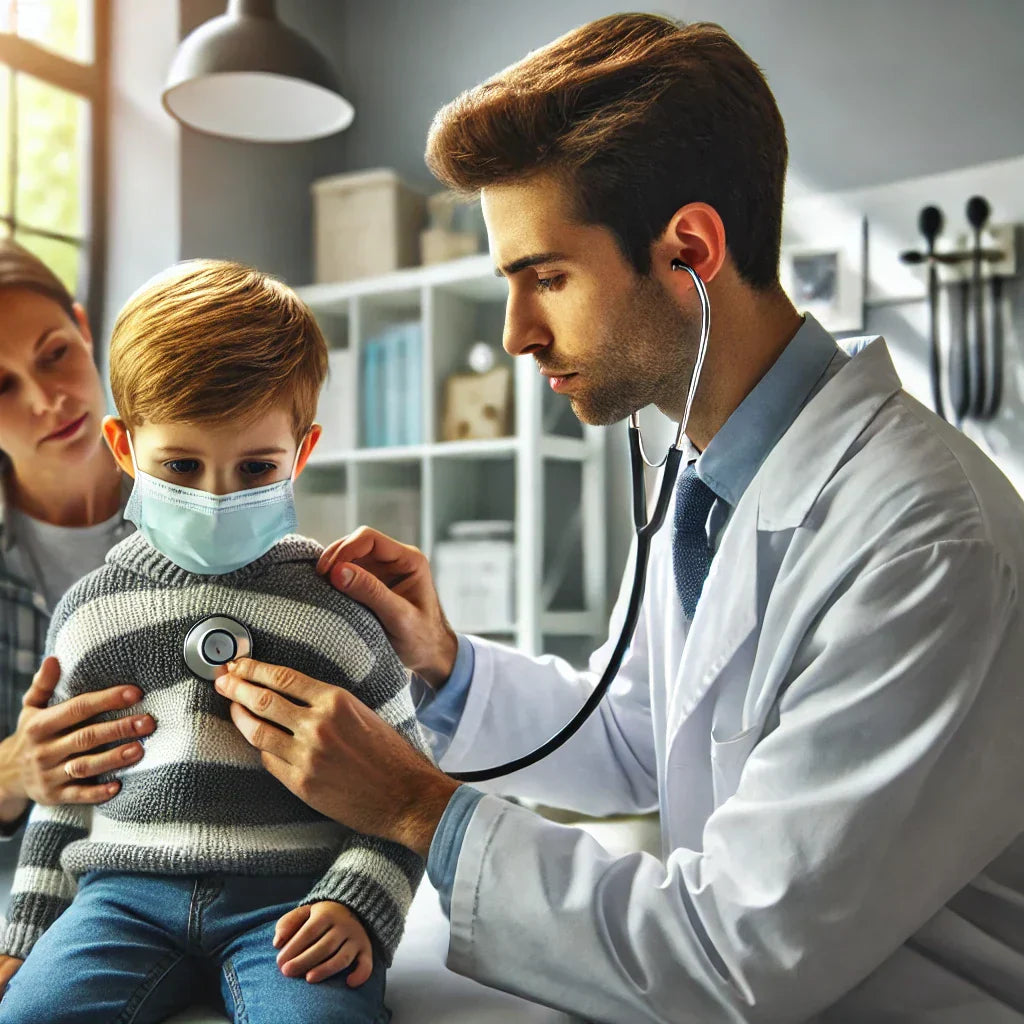 Fotografía profesional de un médico examinando a un niño con síntomas de tos ferina en un consultorio, reflejando atención médica y cuidado.