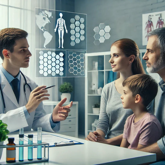 Fotografía profesional de un médico explicando a una familia en su consultorio la importancia de la vacunación contra la poliomielitis.