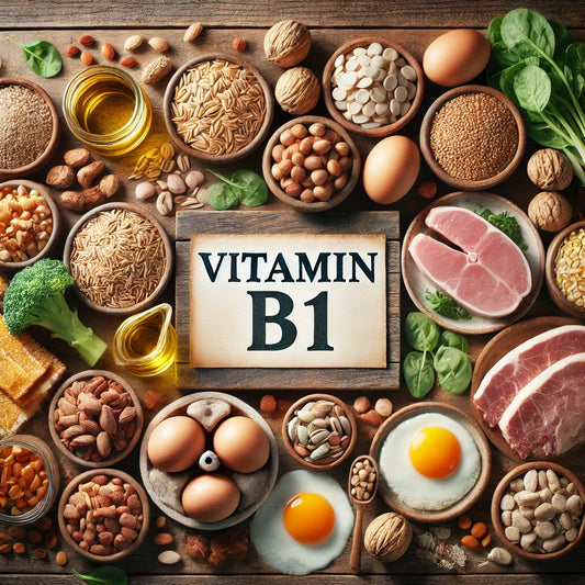 Fotografía profesional de un suplemento de tiamina en cápsulas junto a alimentos ricos en vitamina B1, como cereales integrales y frutos secos.