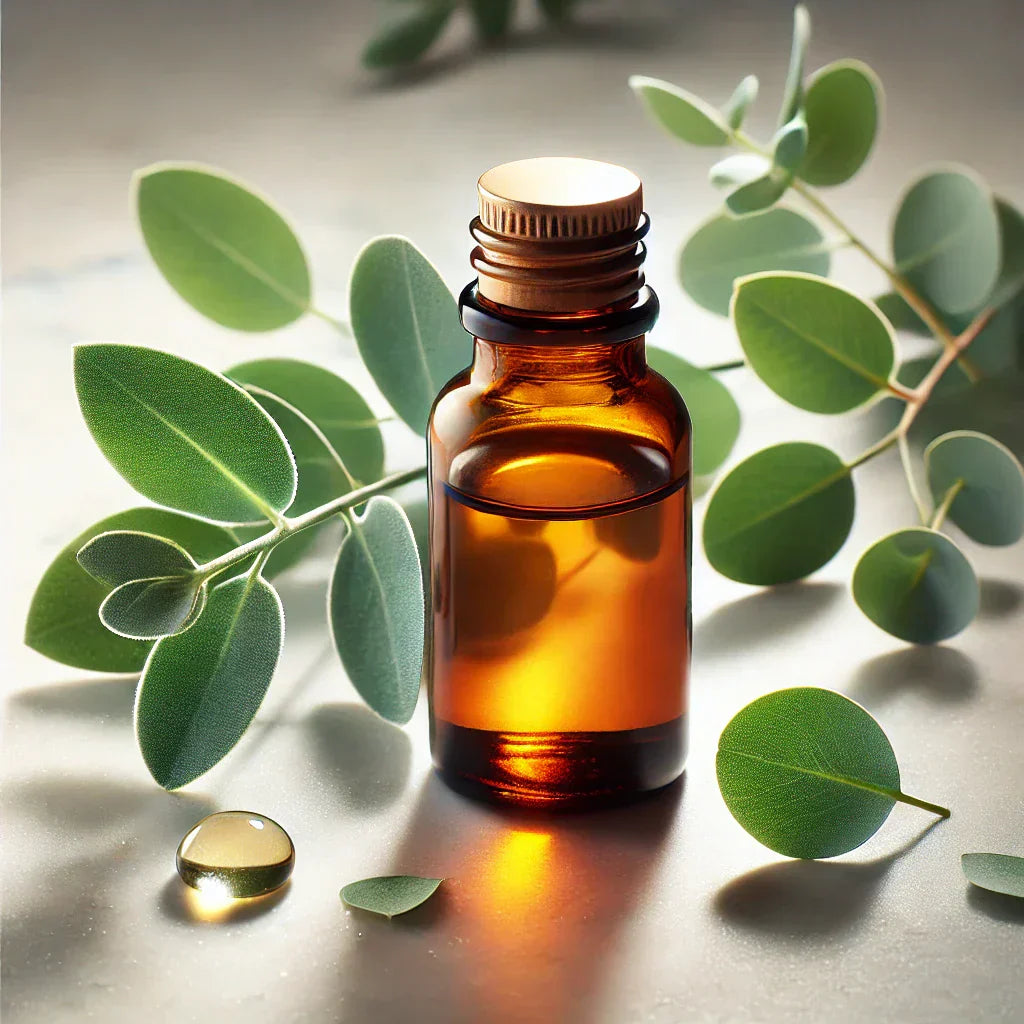 Fotografía profesional de una botella de aceite esencial de eucalipto con hojas frescas de eucalipto alrededor, representando sus beneficios naturales y usos terapéuticos.