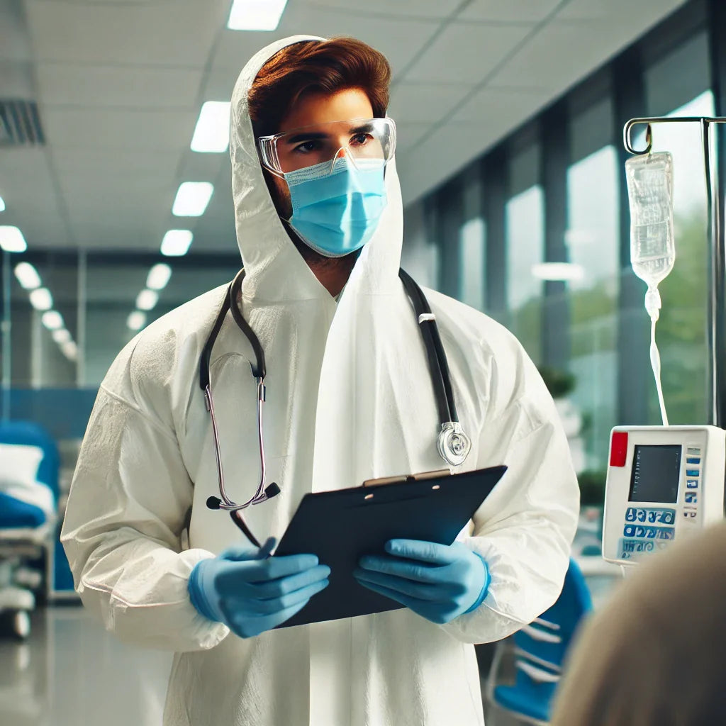Fotografía profesional de una persona con mascarilla y guantes sosteniendo un frasco de medicamento, representando la prevención y tratamiento del COVID-19.