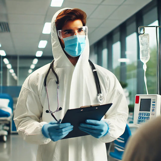 Fotografía profesional de una persona con mascarilla y guantes sosteniendo un frasco de medicamento, representando la prevención y tratamiento del COVID-19.