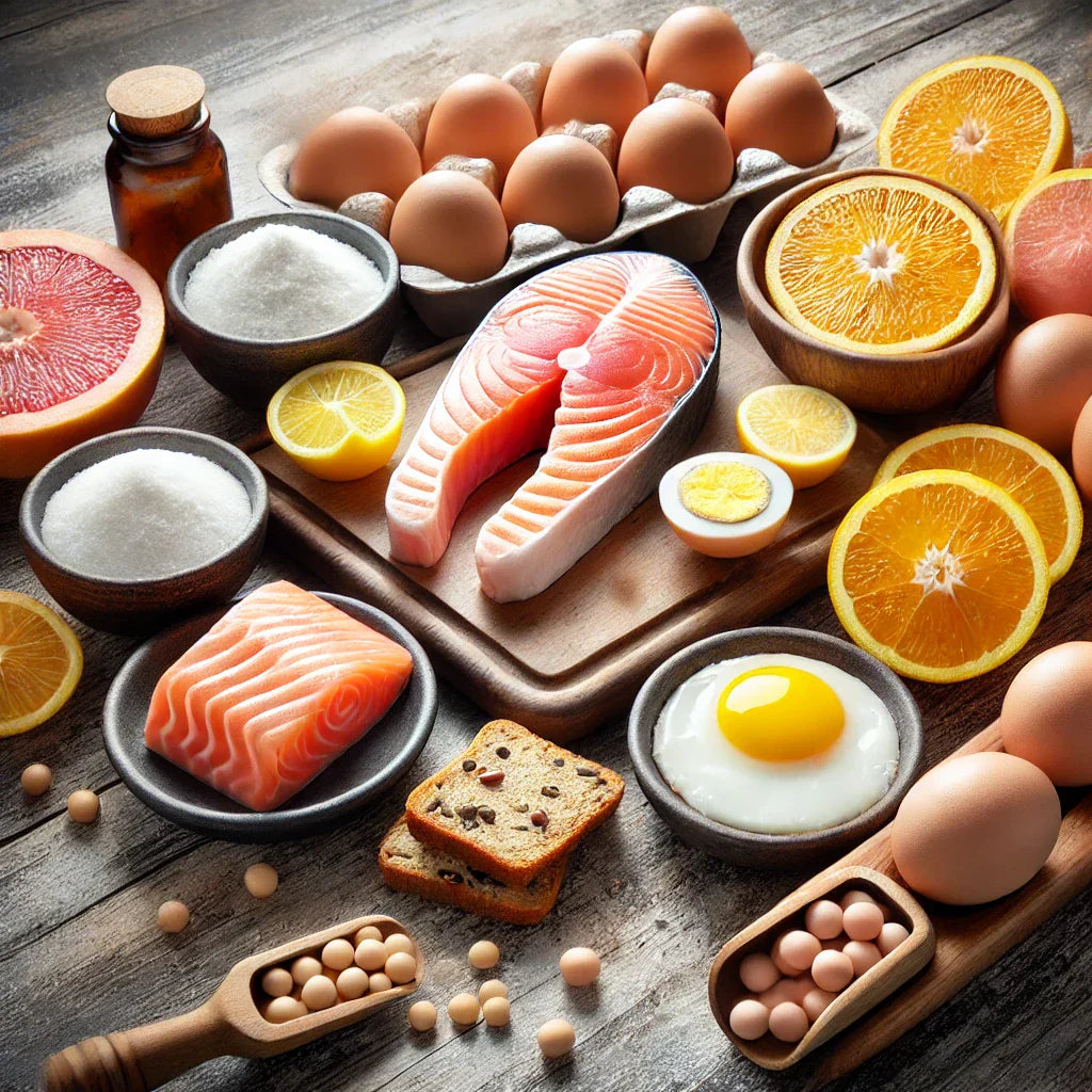 Fotografía realista de alimentos ricos en colágeno, como salmón, huevos y cítricos, organizados estéticamente sobre una mesa de madera con iluminación natural.