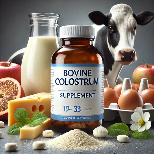 Frasco de suplemento de calostro bovino junto a ingredientes naturales, representando su pureza y propiedades nutricionales.
