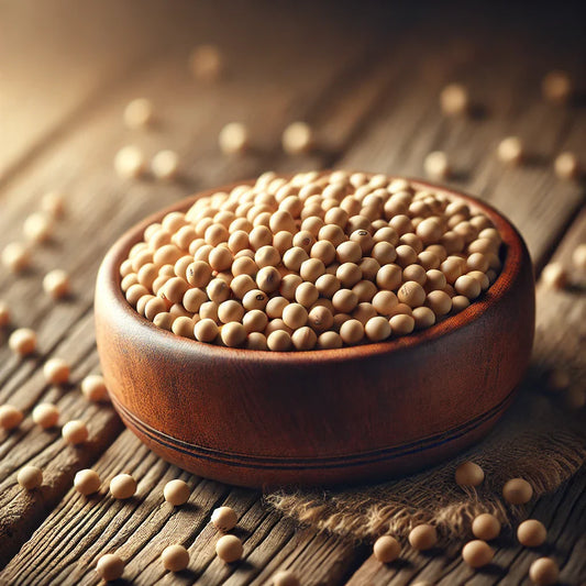 Granos de soya en un tazón de madera sobre una mesa rústica, representando su valor nutricional.