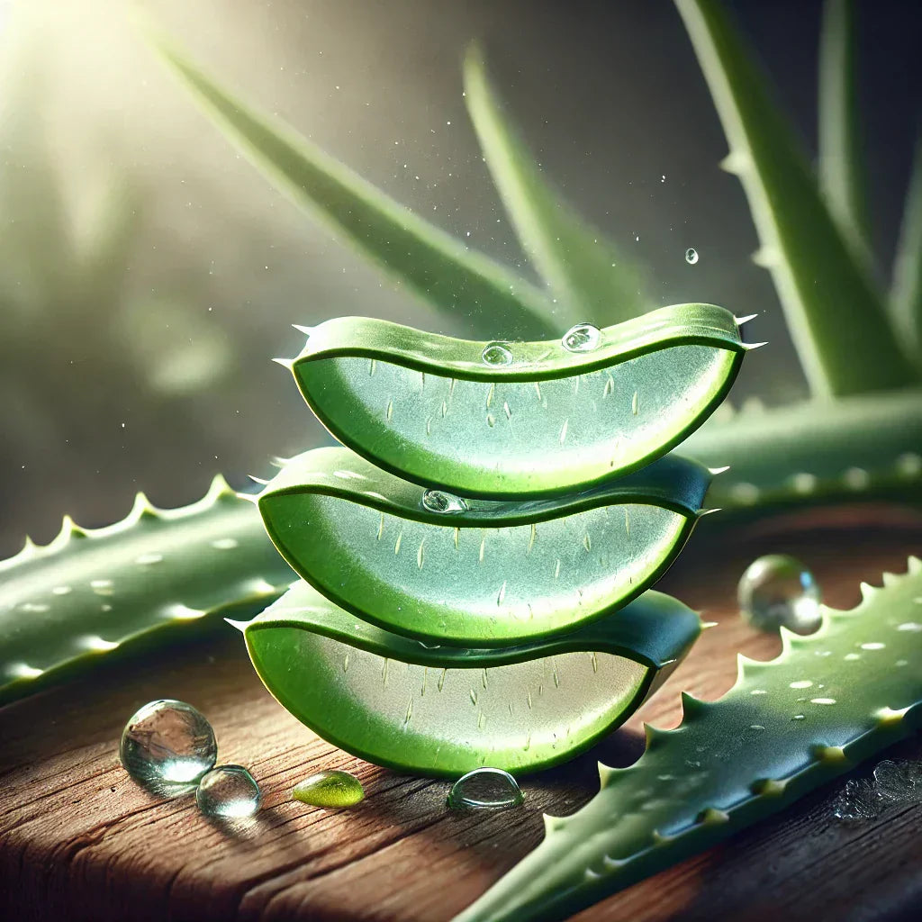 Hojas de Aloe Vera frescas cortadas, mostrando el gel natural en su interior, sobre una superficie de madera.
