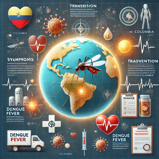 Infografía profesional mostrando los síntomas, transmisión y prevención del dengue en Colombia.