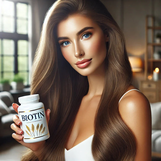 Mujer con cabello saludable y piel radiante sosteniendo un suplemento de biotina en un ambiente acogedor.