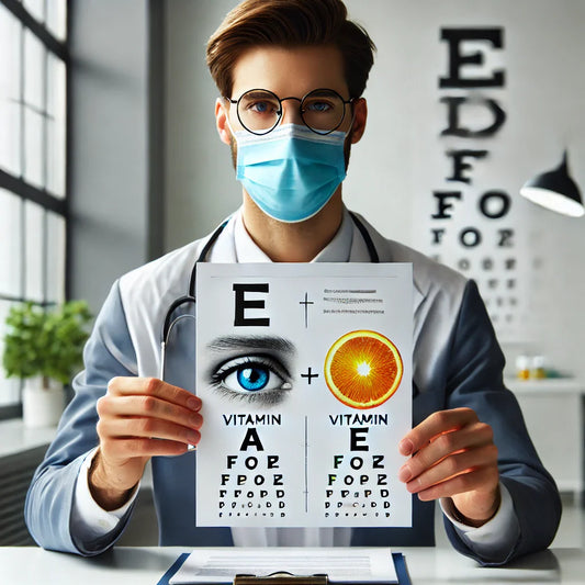 Nutricionista en una clínica moderna sosteniendo un gráfico sobre la importancia de estas vitaminas para la salud ocular.
