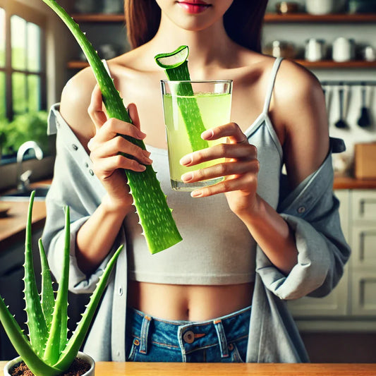 Persona bebiendo jugo de Aloe Vera en una cocina luminosa, resaltando sus beneficios digestivos.