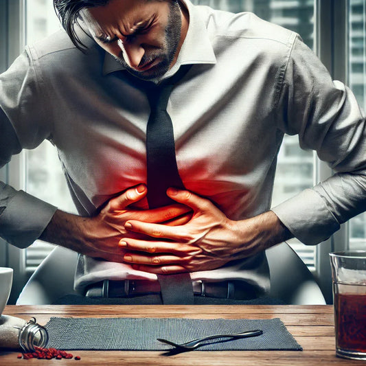 Persona con dolor de estómago sosteniendo su abdomen.