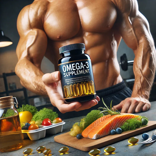 Persona en forma sosteniendo un frasco de suplemento de omega-3 con una comida saludable de fondo, enfatizando la nutrición y el manejo del peso.