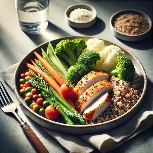 Plato de comida nutritiva rica en proteínas para pacientes con cáncer, con pollo, quinoa y vegetales en un ambiente elegante.