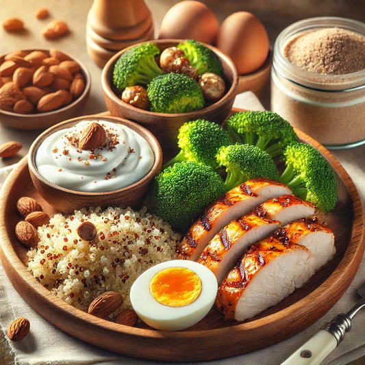 Plato equilibrado rico en proteínas con pollo a la parrilla, quinoa, brócoli al vapor y un huevo cocido, acompañado de yogur griego con frutos secos y una porción de proteína en polvo, resaltando su importancia en la nutrición.