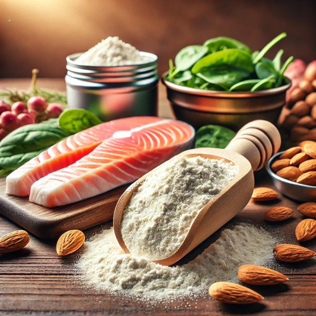 Polvo de L-Glutamina en una cuchara dosificadora sobre una superficie de madera, acompañado de pechuga de pollo, salmón, almendras y espinaca, resaltando sus beneficios para la recuperación muscular y el sistema inmunológico.