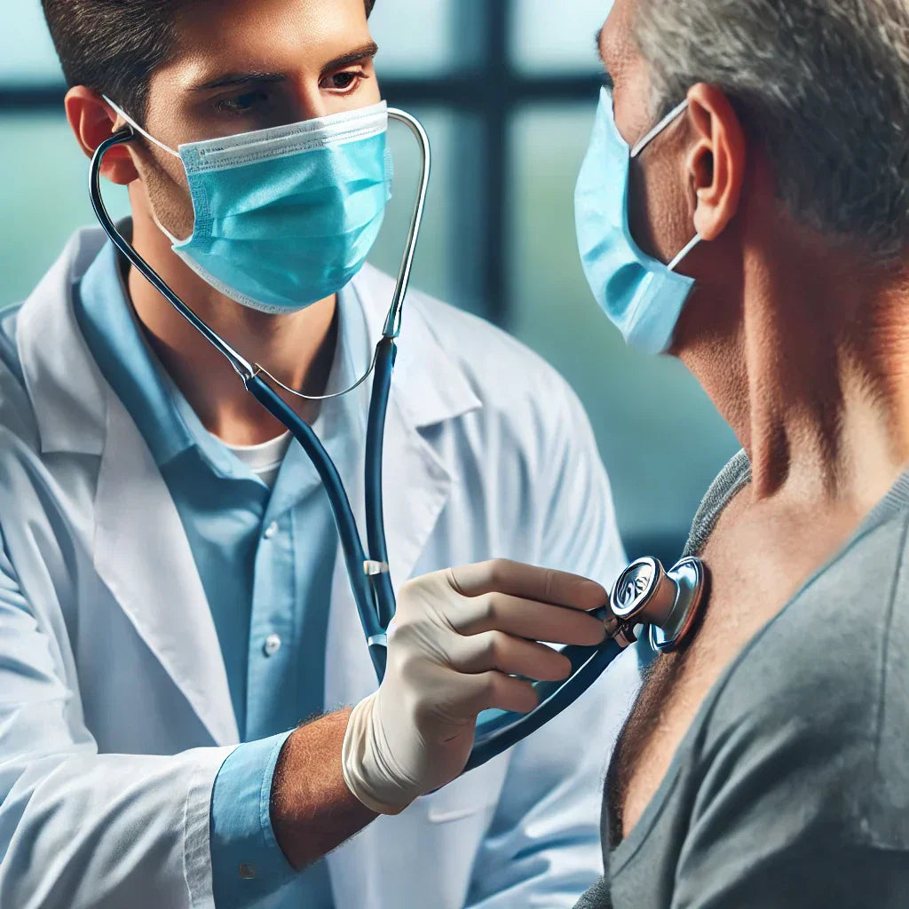 Profesional de la salud con mascarilla examinando los pulmones de un paciente con un estetoscopio en un consultorio médico, resaltando la importancia de la prevención y el diagnóstico de la tuberculosis.