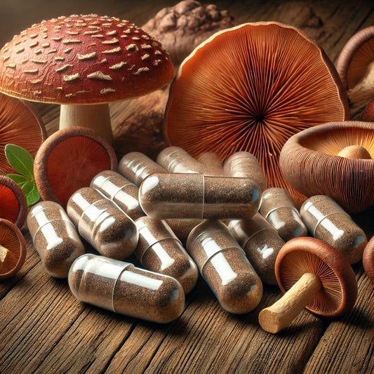 Suplementos de hongos reishi y shiitake en cápsulas junto a ingredientes naturales.