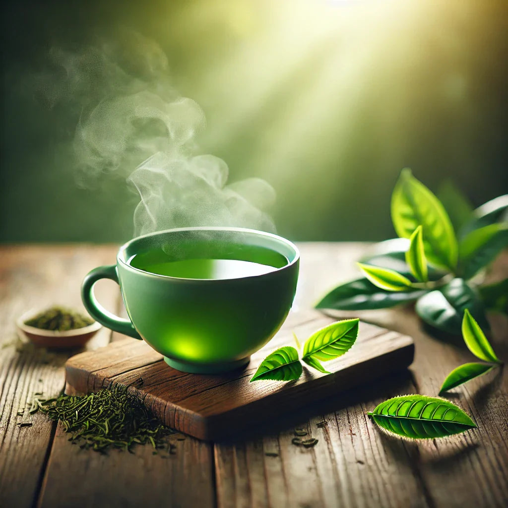 Taza de té verde humeante sobre una mesa de madera, rodeada de hojas frescas de té verde, resaltando sus propiedades antioxidantes y energéticas.