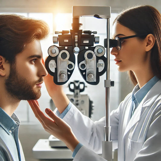 Un optometrista examinando los ojos de un paciente en una clínica oftalmológica moderna, con iluminación natural y un entorno realista.