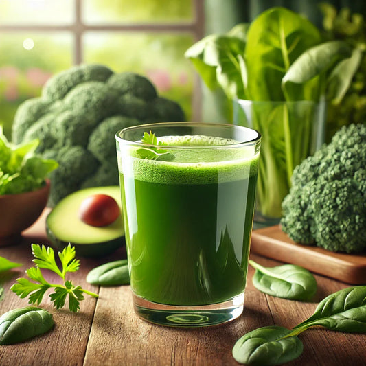 Vaso de bebida verde de clorofila sobre una mesa de madera, rodeado de espinacas, col rizada y perejil, resaltando sus propiedades desintoxicantes y revitalizantes.