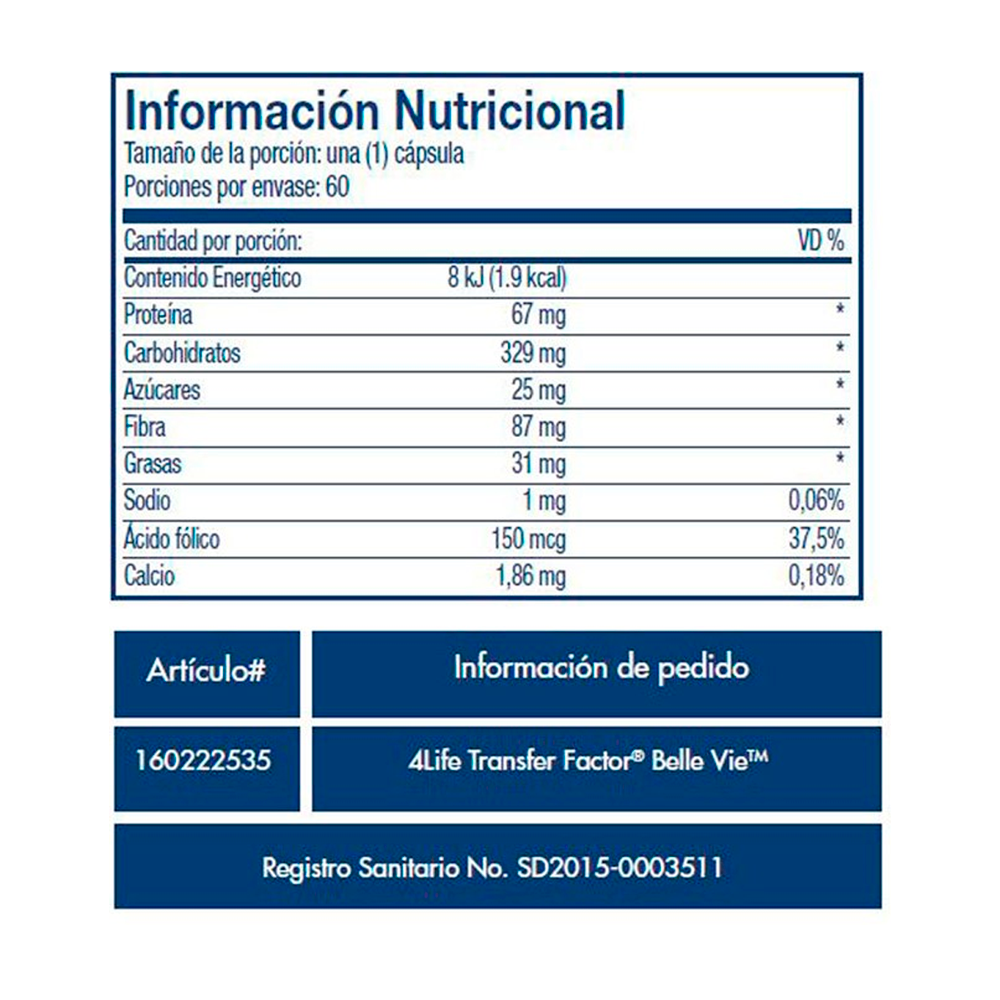 Información Nutricional 4Life Transfer Factor Belle Vie®